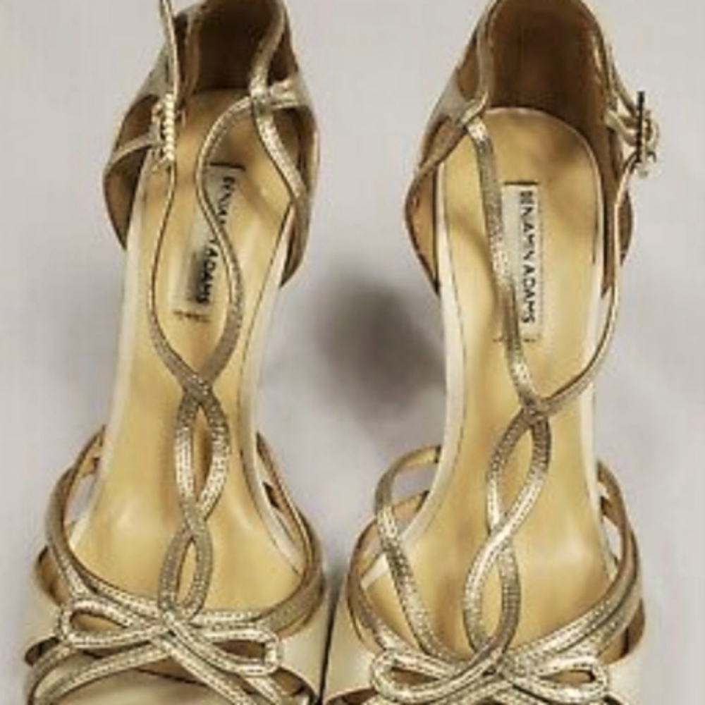Brand New Benjamin Adams white and gold satin open toe high heeled sandals